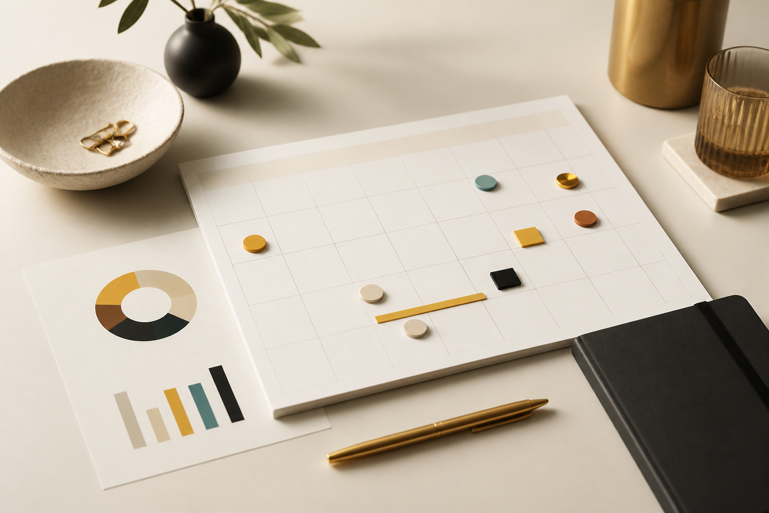 Premium planning calendar and reporting desk scene